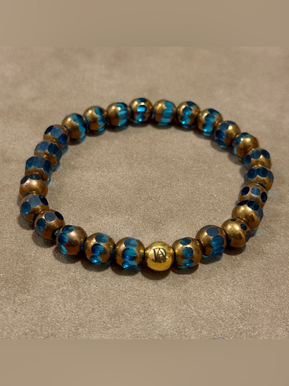 8mm Gold and Teal Beaded Stretch Bracelet with Signature Accent